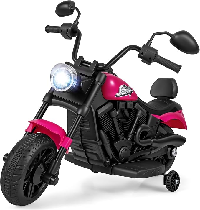 Costzon Kids Motorcycle, 6V Chopper Motorbike Ride on Toy with Headlight, Music, Training Wheels, Electric Toddler Motorcycle for Kids Boys Girls, Gift (Pink, 31" x 23" x 22"(L x W x H))