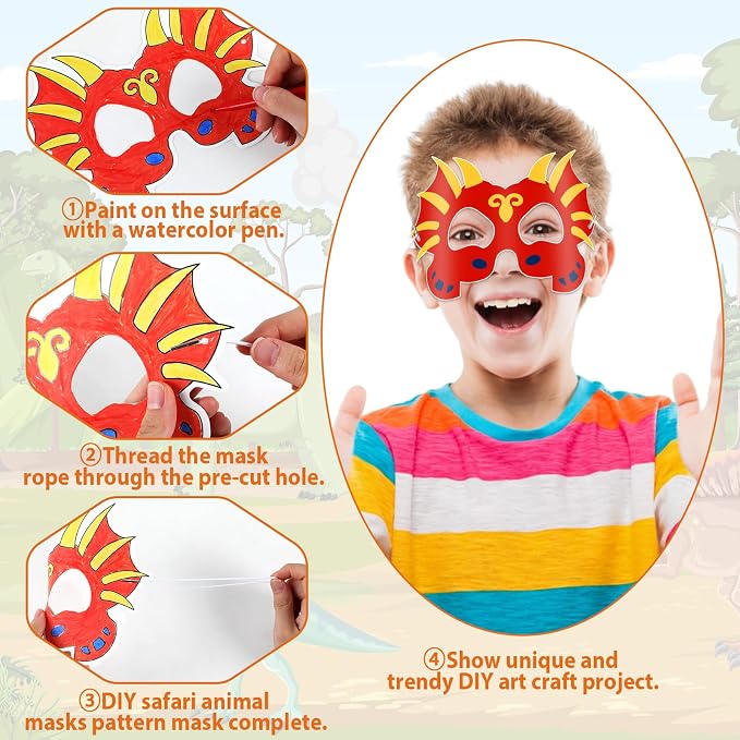 Lonfliness 36 Set Dinosaur Coloring Mask Dino Paper Arts Crafts Color Your Own Dinosaur Blank DIY Mask Masquerade Birthday Party Dress-Up Decorations Favor Activity Game Supplies