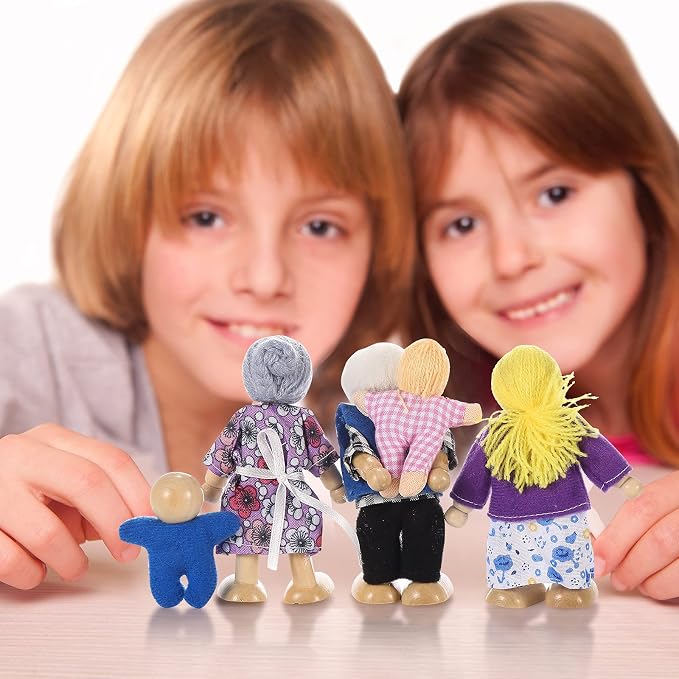 Jzszera Wooden Doll House Family of 8 Little Figures, Cute Dollhouse People for Girls Toddlers