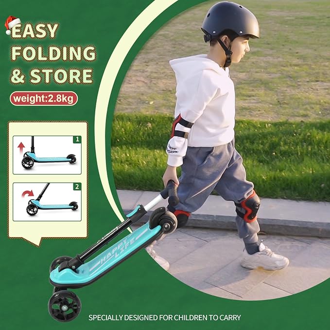 Besrey Kick Scooter for Kids Ages 3-10, 3-Wheel Folding Scooter with Adjustable Height, LED Light Wheels, Extra Wide Deck for Outdoor Activities