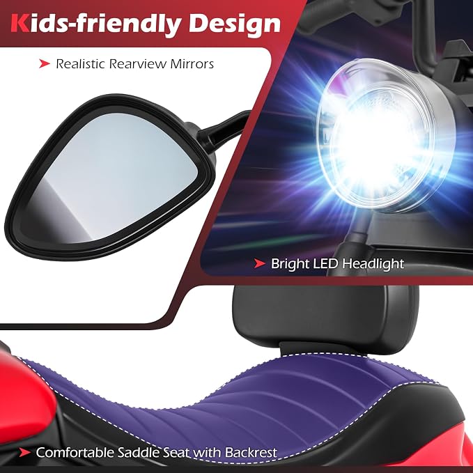 Costzon Kids Motorcycle, 6V Chopper Motorbike Ride on Toy with Headlight, Music, Training Wheels, Electric Toddler Motorcycle for Kids Boys Girls, Gift (Red, 31" x 23" x 22"(L x W x H))