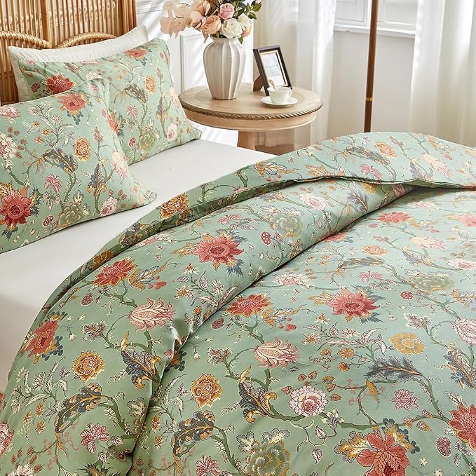 LifeTB Farmhouse Floral Comforter Full Comforter Set Botanical Flowers Vines Pattern on Green Floral Bedding Comforter Set Fluffy Soft Microfiber Aesthetic Bedding Botanical Comforter for All Seasons