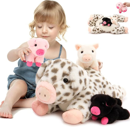 MorisMos Spotted Pig Stuffed Animal Set,20'' Large Mama and 3 Baby Piglet Stuffed Animals for Girl Boy,4 Pack Plush Pig Toys Gifts for Kid,Piglet Lover, Cute Piggy Decor for Birthday Party Christmas