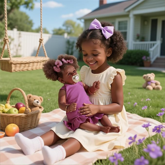 JIZHI Reborn Baby Dolls Black - 22 Inch Lifelike Soft Body Realistic-Newborn Baby Dolls Taupe Eyes Caramel Skin Tone Pink Striped Skirt Real Life and Toy Accessories Gift for Kids Age 3
