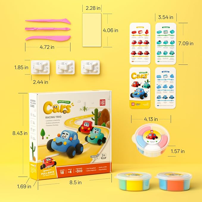 Air Dry Clay Kit for Kids - Pull Back Car Making, 3 Boxes Modeling Clay with Sculpting Tools, Base, Backing Board, Tutorial, Ultra Light & Soft, Non-Toxic & Safe, Creative DIY Arts and Crafts Toys