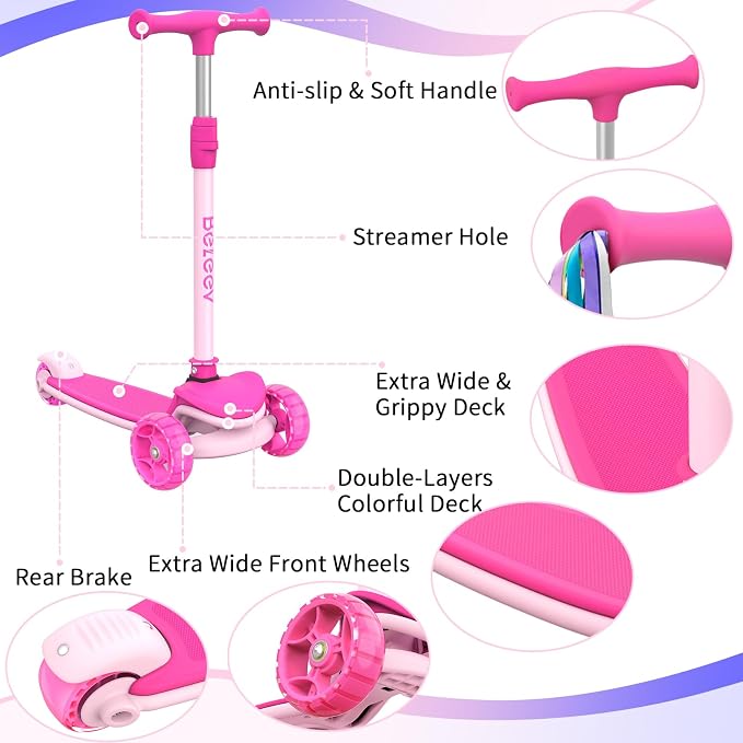 BELEEV A8 Scooter for Kids Ages 3-12, 3 Wheel Folding Scooter for Toddlers Girls Boys, LED Light-Up Wheels, 4 Adjustable Height, Lean to Steer, Extra Wide Wheels, Three Wheel Kick Scooter for Children