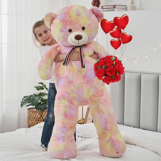 Tezituor Valentine Big Teddy Bear,52'' Giant Stuffed Animal,Large Soft Bear Plush Toy,Plushie for Warmth & Comfort for Girlfriend Girls Boys Girlfriend for Christmas, Birthday,Rainbow Yellow