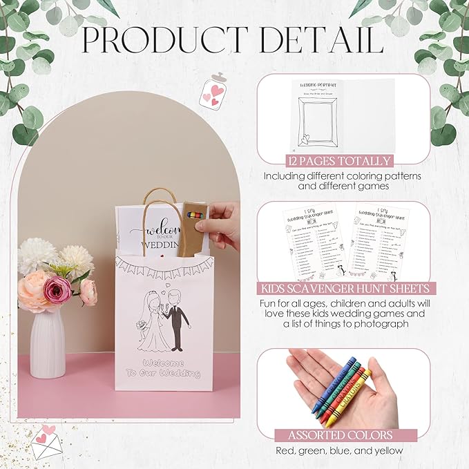 Gueevin 48 Pcs Wedding Activities for Kids Coloring Books Individually Packaged Wedding Coloring Books Gift Goodie Bags and Scavenger Hunt Sheets for Kids Games Favors(Crayons)