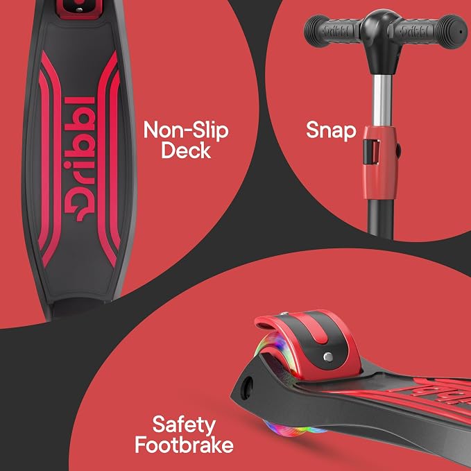 Dribbl 3-Wheel Kids Scooter - Lean-to-Steer Technology, Adjustable Height Handlebar, Anti-Slip Deck, Scooter for Boys & Girls Ages 3+, Child Safety Approved, Support Rider Up To 165 lbs, Black and Red