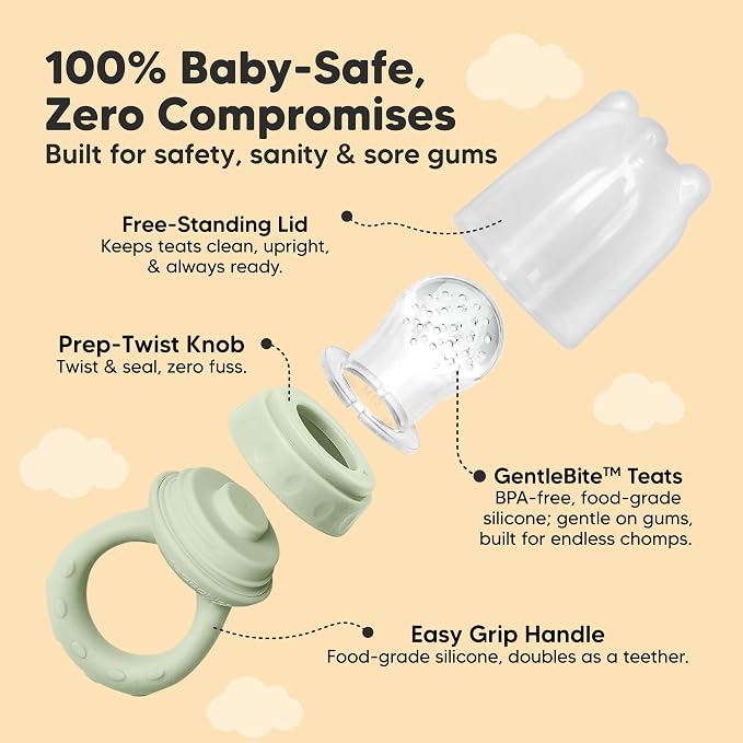 KeaBabies Baby Fruit Feeder 2pk - Silicone Baby Food Feeder for Babies 6-12 Months, Breast Milk Popsicle Teether, Weaning, Pacifier, Freeze Frozen Solid Food, Infant Feeding Essential (Soft Fern)