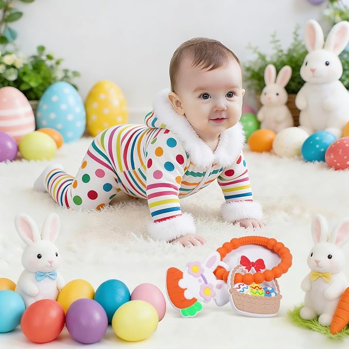 Silicone Baby Ring Toy with Two Teethers,Must Haves Teething Relief Chew Toys for 0-6,6-12 Months Boys and Girls,Newborns Essentials,Safe and Soft,BPA Free. (Easter)
