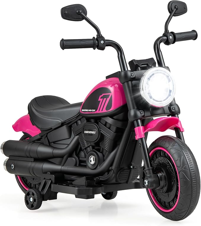 Costzon Toddler Motorcycle, 6V Battery Powered Electric Motorcycle with Detachable Training Wheels, Soft Start, Headlights & Music, Kids Motorcycle Ride on Toy for Toddlers Boys Girls 18+ Months(Pink)
