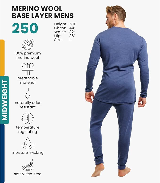 Merino.tech Merino Wool Base Layer Mens Set - Heavyweight, Midweight, Lite Merino Wool Thermal Underwear For Men Top, Bottom