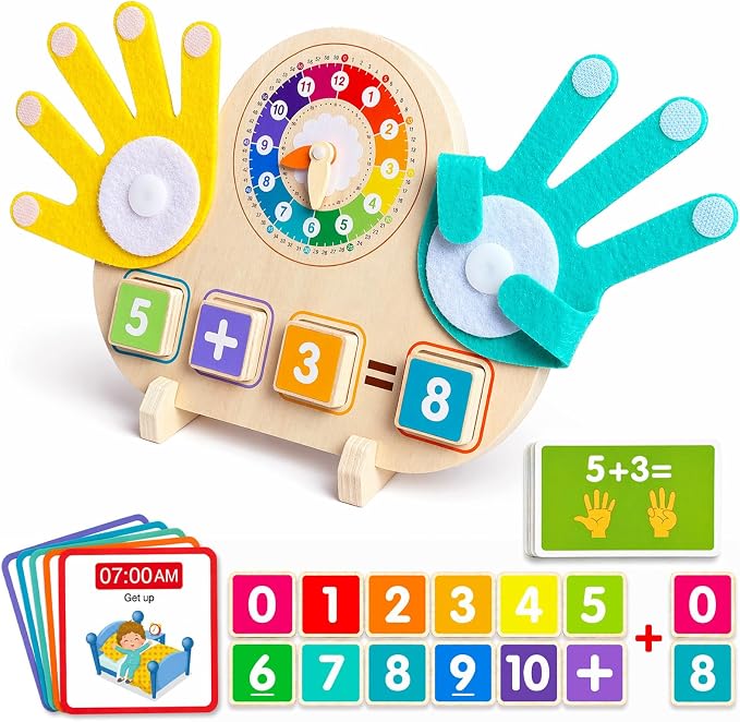 2-in-1 Math Manipulatives Number Counting Blocks Toys & Teaching Clock, Preschool Learning Activities for Toddlers 2-4, Educational Montessori Toys for 3 4 5 Year Old Boys Girls Birthday Gift