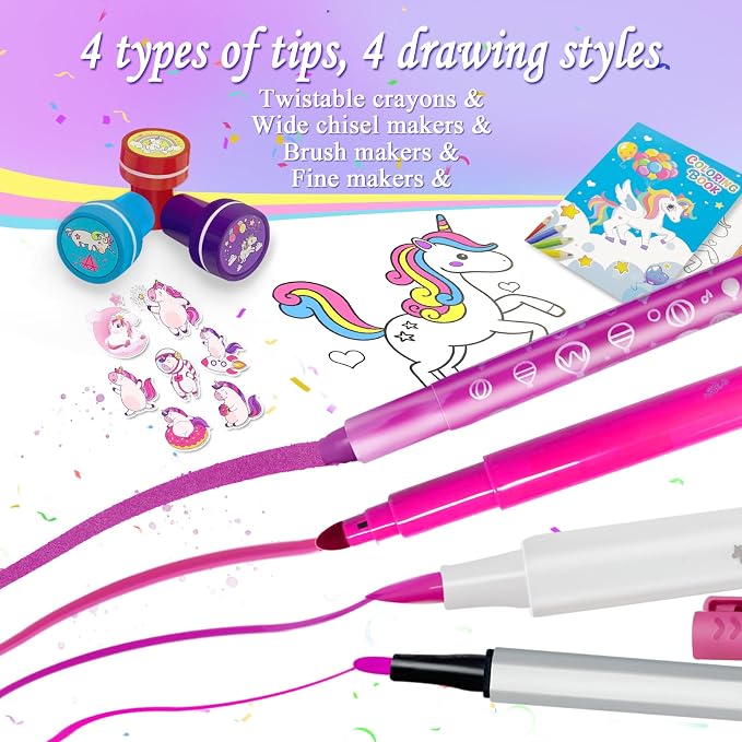 weirtoya 56 PCS Washable Scented Markers with Glitter Pencil Case, Mermaid Unicorn Arts and Crafts for kids 4-6-8 Kids Coloring Drawing Kits for 4-8 Years Old Girls (Purple, 56)