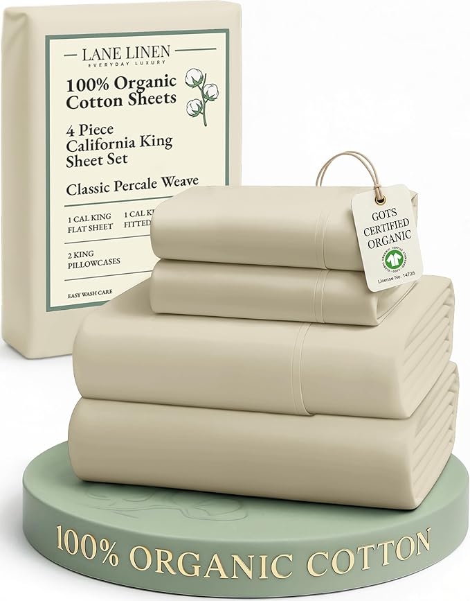 LANE LINEN California King Bed Sheets 100% Organic Cotton Cooling - Linen | Cal King Sheets In Organic Cotton Percale - Breathable For Year-Round Sleep, Best-Value Organic Cotton, For Hot Sleepers