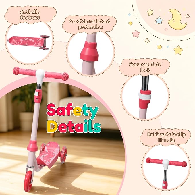 Three Wheel Scooter for Kids 2-5, Light Up Princess Scooters with Handleber-Steer, Adjustable Height Kick Scooters for Boys & Grils, Indoor and Outdoor Use