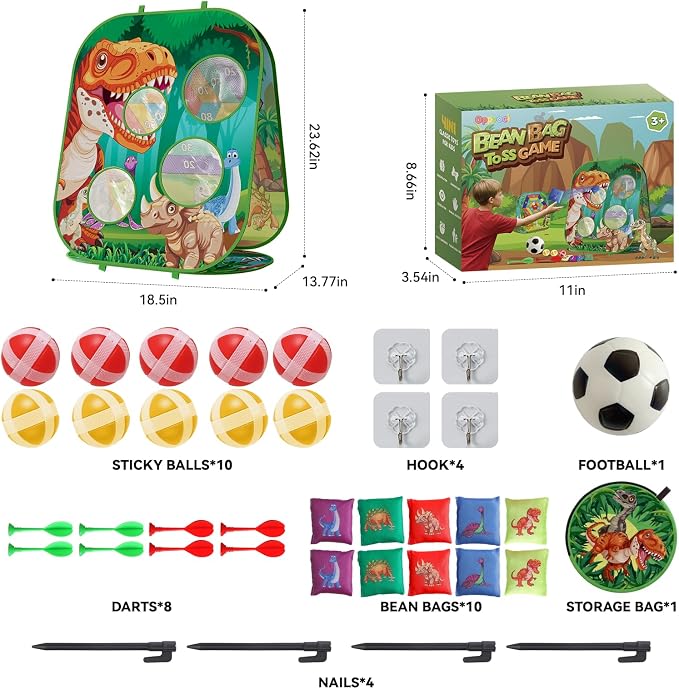 4-in-1 Dinosaur Bean Bag Toss Game for Kids, Cornhole & Dart Board Set for Toddlers, Outdoor Toys for Family Party, Backyard, Beach & Lawn Activities, Gift for Boys and Girls Ages 3 4 5 6 7 8