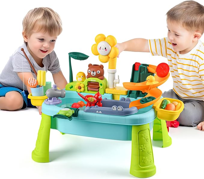 Kids Sand & Water Table — 4-in-1 Kitchen Sink Toy with Battery-Powered Water Pump, Faucet, Play Food & Fishing Set, for Boys & Girls Age 3+ (Blue-Sunflower)