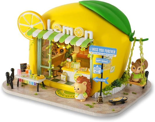 TuKIIE DIY Miniature House Kit with Furniture, 1:100 Scale Creative Room Mini Wooden Dollhouse Book Nook for Kids Teens Adults(Lemon Beverage Shop)