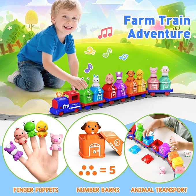 Train Set for Toddlers 2-4, Electric Toddler Train Set with Farm Animals, Music & Lights, Montessori Counting & Sorting Learning Toy, Birthday Easter for Boys Girls (Blue)