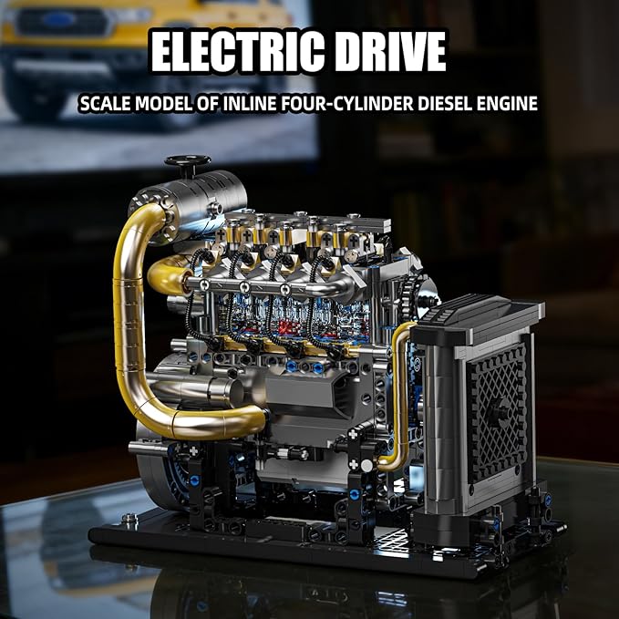 Diesel Engine Model Kit that Runs for Adults, MOC Mini Inline 4-Cylinder Diesel Engine Building Set with Motor, Compatible with Lego, Mechanical Engineering STEM Toy for Teens (1029 PCS)