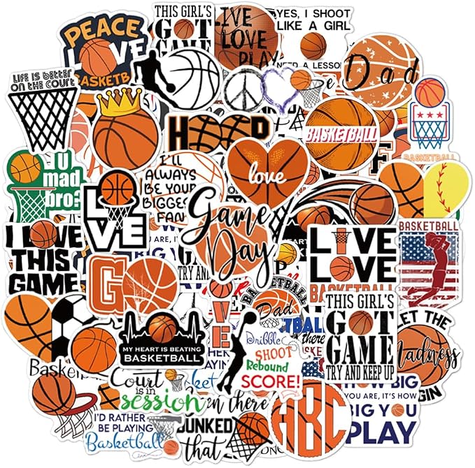 QTL Basketball Stickers for Kids Boys Basketball Party Supplies Waterproof Vinyl Stickers for Water Bottle Laptop 50 Pcs