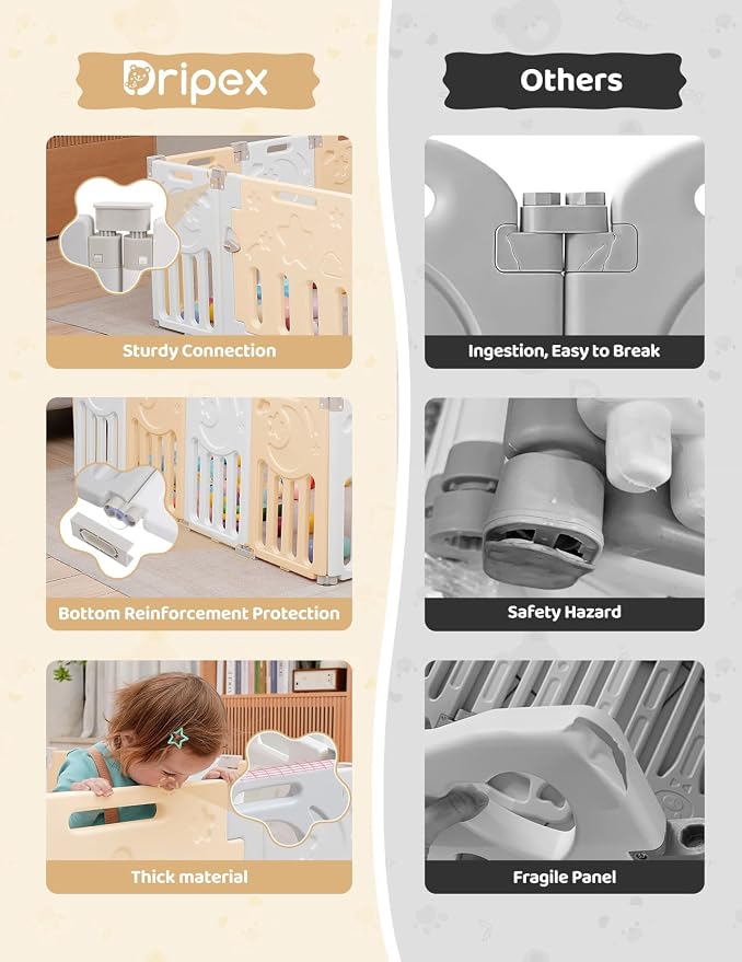 Dripex Baby Playpen, 14-Panel Foldable Playard for Toddlers 6-36 Months, Adjustable & Portable Indoor Outdoor Safety Play Area with Anti-Pinch Design, Game Panel and Safety Gate, Yellow White