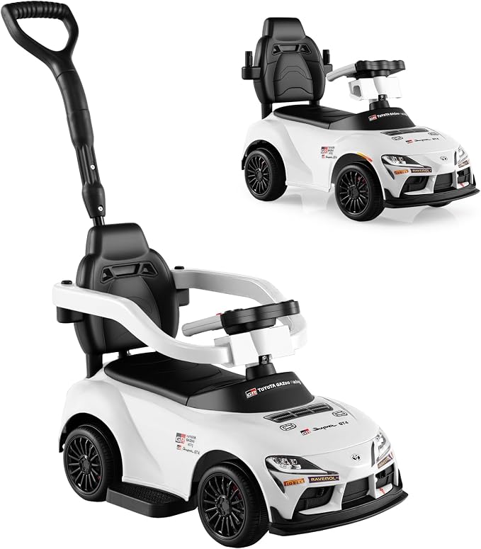 Licensed Toyota Ride on Push Car for Toddlers by INFANS, 3 in 1 Walking Sliding Toy with Removable Guardrails and Handle, Music, Under Seat Storage for Kid (White)