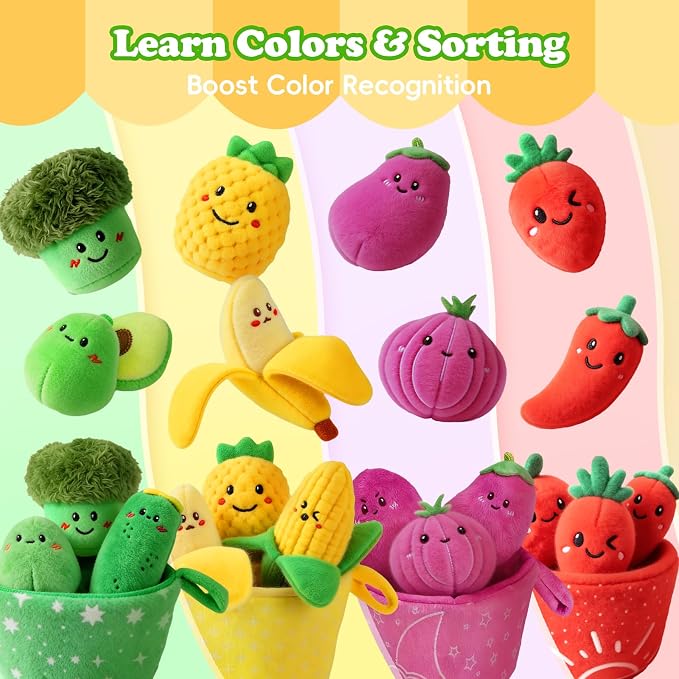 SAIMAND Baby Toys 6–12 Months, 16PCS My First Fruit Vegetable Sensory Toys for Babies Infants, Color Sorting Play Food with Crinkle & Rattle, Montessori Toys for 1 Year Old Toddlers Boys Girls