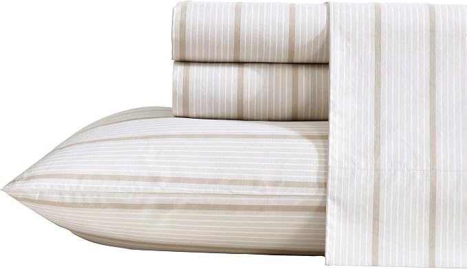 Nautica - Full Sheets, Premium Cotton Percale Bedding Set, Striped Home Decor, Oeko-Tex Certified (Merrick Stripe Beige, Full)