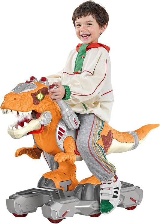 Dinosaur Ride-On Scooter for Toddlers – Electric Push & Ride Foot-to-Floor Sliding Rideable Toy with Music, Lights, Mist Spray for Boys & Girls - Orange (Orange)