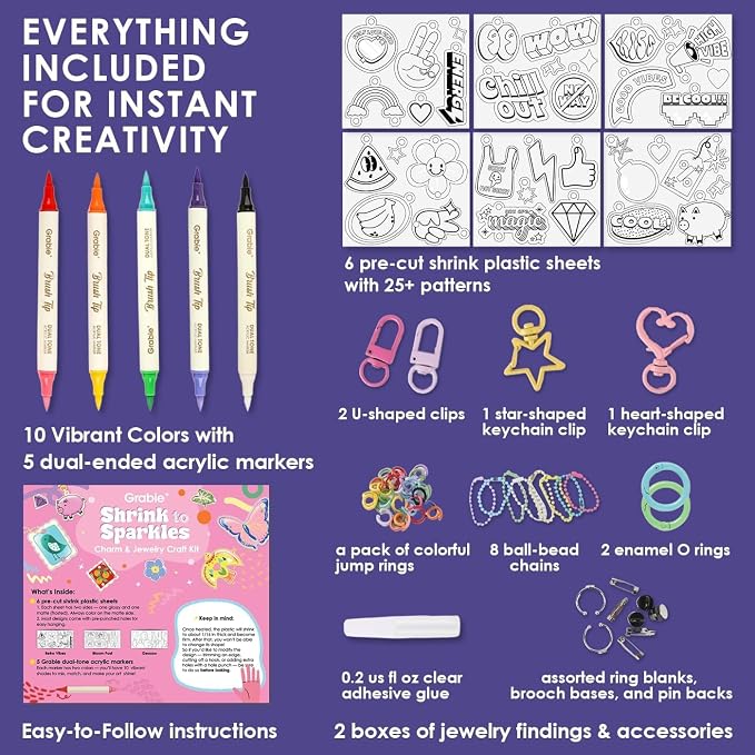 Grabie DIY Shrink Art Craft Kit Jewelry Making Kit for Kids Adults, 25+ Pre-Cut Shapes, 5 Dual-Tip Markers, Custom Charms, Pins, Rings, Keychains (Retro Vibes - Beginner Friendly)