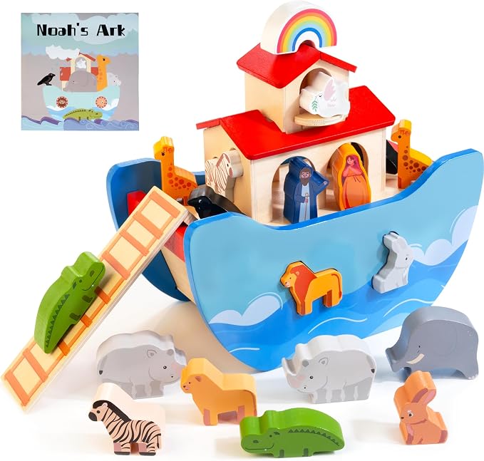 JUSTWOOD Wooden Noah's Ark Toy for Toddlers 1+ Years, Baptism Gift for Boys and Girls, Baby Montessori Educational Animal Shape Sorter Toy with Bible Story Book