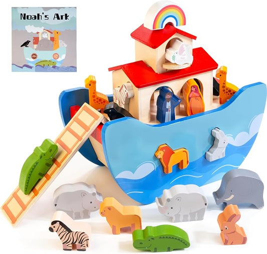 JUSTWOOD Wooden Noah's Ark Toy for Toddlers 1+ Years, Baptism Gift for Boys and Girls, Baby Montessori Educational Animal Shape Sorter Toy with Bible Story Book