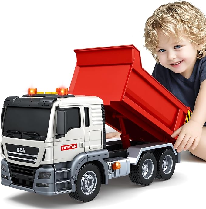 SpringFlower Dump Truck Toy for 3 4 5 6 7 Years Old Boy, Toy Dump Trucks Vehicle Toy with Sound and Light, Kids Toddlers Red Dump Truck Birthday Gifts for Boys & Girls