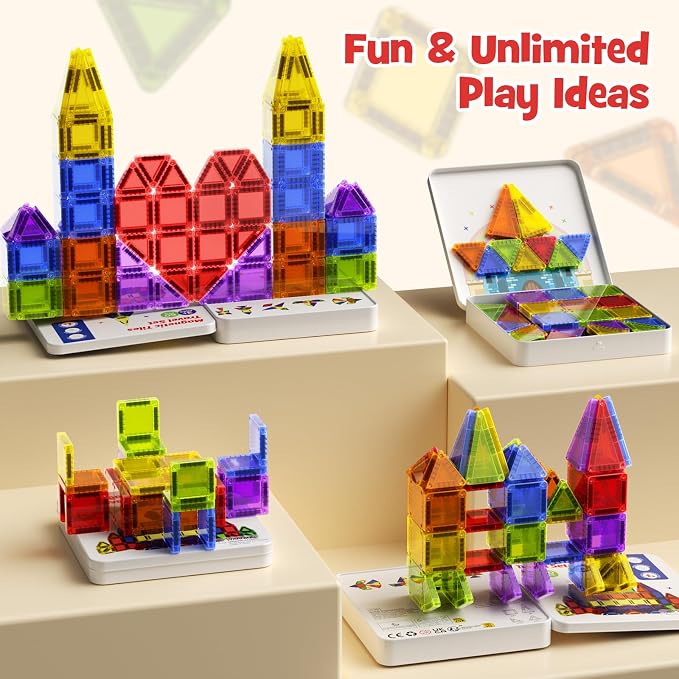 Magnetic Tiles Mini Travel Toddler Set 60pcs Magnetic Blocks Building Kids Toys, Montessori Preschool Classroom Must-Haves Educational Learning Sensory Toys for 3+ Year Old Boys