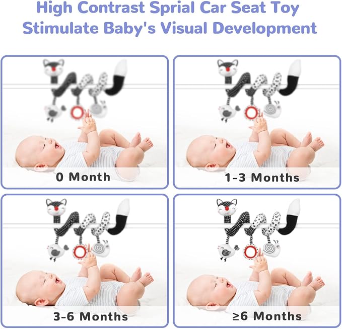 XIXILAND Baby Spiral Plush Toys, Black and White Baby Car Seat Toys, High Contrast Infant Newborn Toy 0-6 Months for Stroller Crib Mobile, Sensory Toy Best Gift for 0 3 6 9 12 Months Boys Girls