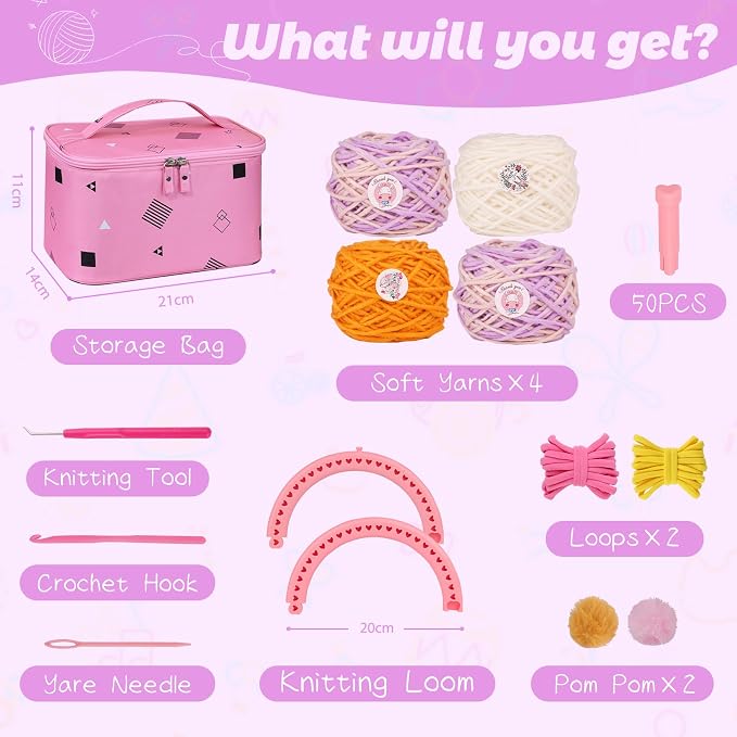 PREBOX Knitting Loom Craft Kit for Kids & Beginners - Create Hat & Scraf with Yarn, Hook Needle, Birthday Gifts Ideas for Teens Girls Age 6-8 8-12 14+, Pink Loom