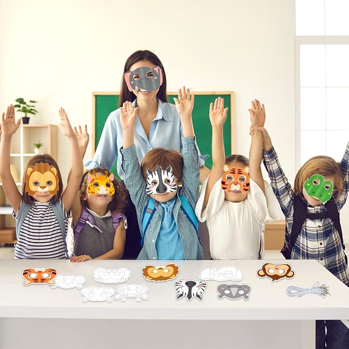 36Sets Animal Coloring Mask Jungle Animal Crafts for Kids Color Your Own Paper Mask Easy DIY Wild Lion Masquerade Birthday Party Dress-Up Decoration Favor School Classroom Activity Game Supplies
