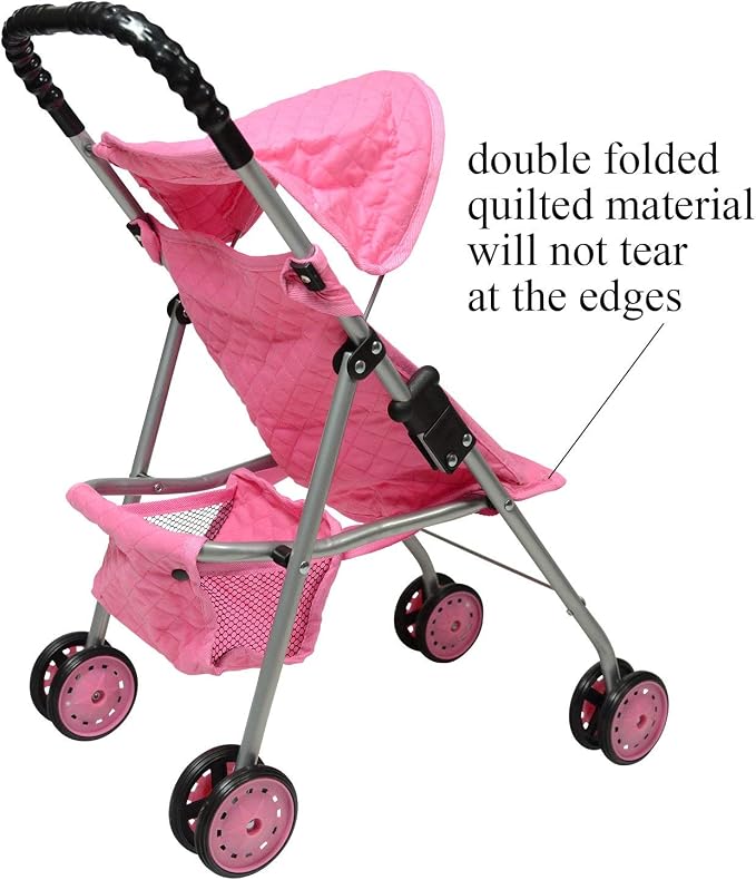 The New York Doll Collection My First Doll Stroller with Basket, Foldable Doll Stroller (Pink Quilted)