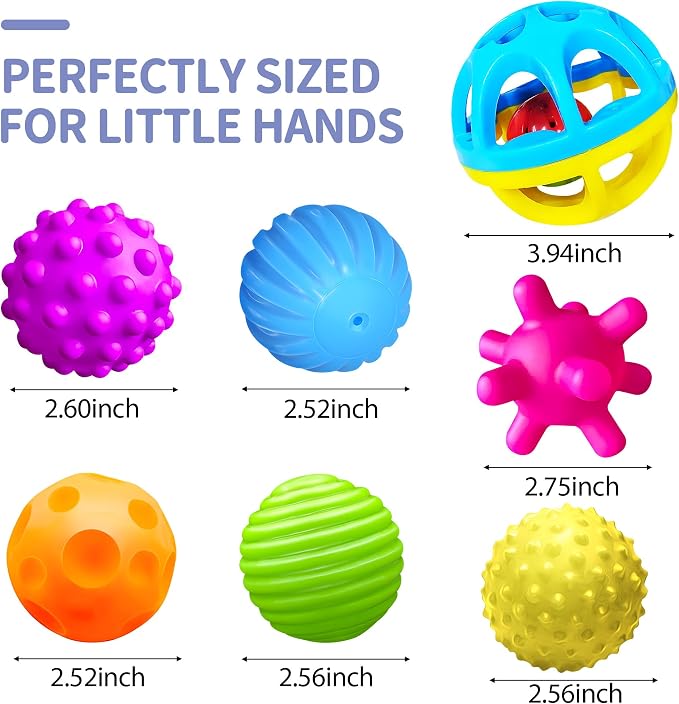 Sensory Balls, Montessori Toys with Baby Rattle 3-6 Months | 6 Multiple Textured Stress Balls with Blue Rattle, Bright Colors, Baby Teether Toys, Gift for Toddlers 1-3