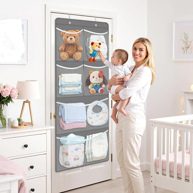 SpaceHacks Stuffed Animal Storage - Large Over the Door Organizer with 6 Expandable Mesh Pockets & Metal Hooks, Non-Woven Fabric Hanging Plush Items Holder for Nursery, Bedroom, Playroom (Gray)