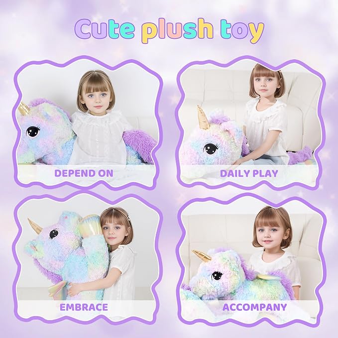 FFxiong 44 Inch Giant Rose Rainbow Unicorn Stuffed Animal Plush Toy with Wings Soft Cute Large Unicorn Plushies Animals Body Pillow Gift for Children Boy Girl Kids Birthday Valentine Room Decorations