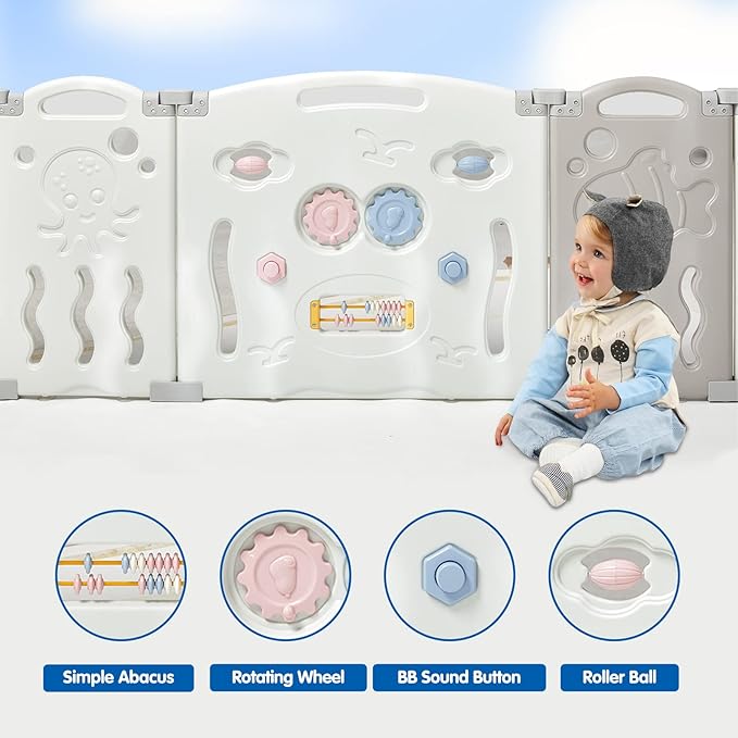 Albott Baby Playpen 22 Panel Foldable Baby playpen Folding Play Pen Kids Activity Centre Safety Play Yard Home Adjustable Shape, Portable Design for Indoor Outdoor Use (White+Grey, 22 Panel)