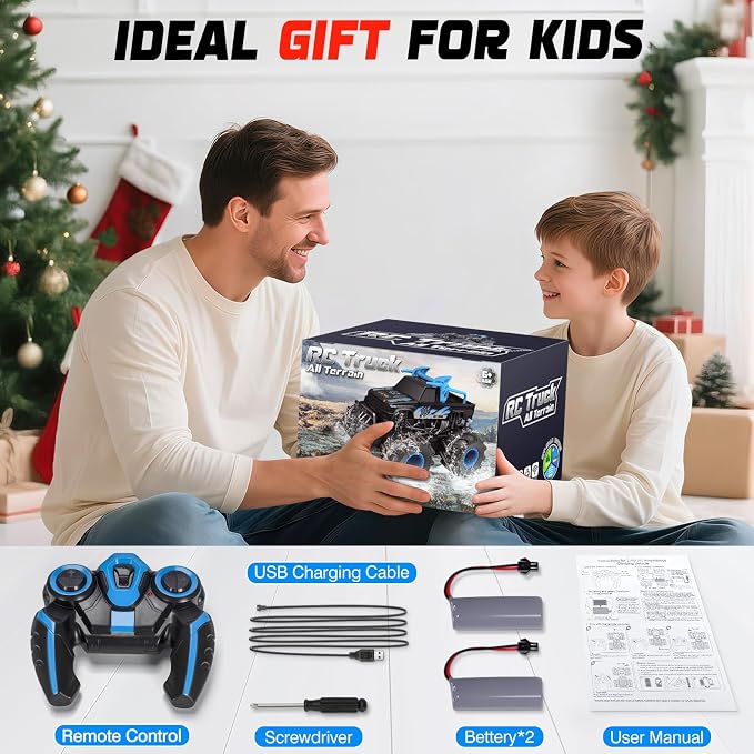 Lacchoufee 1:16 Waterproof Monster Truck Toys RC Cars, 2.4GHz Remote Control Truck for Kids Boy Ages 8,9,10,11,12 Years Old, 4WD All Terrain Off-Road with LED Lights RC Boat for Boy Girl Birthday Gift