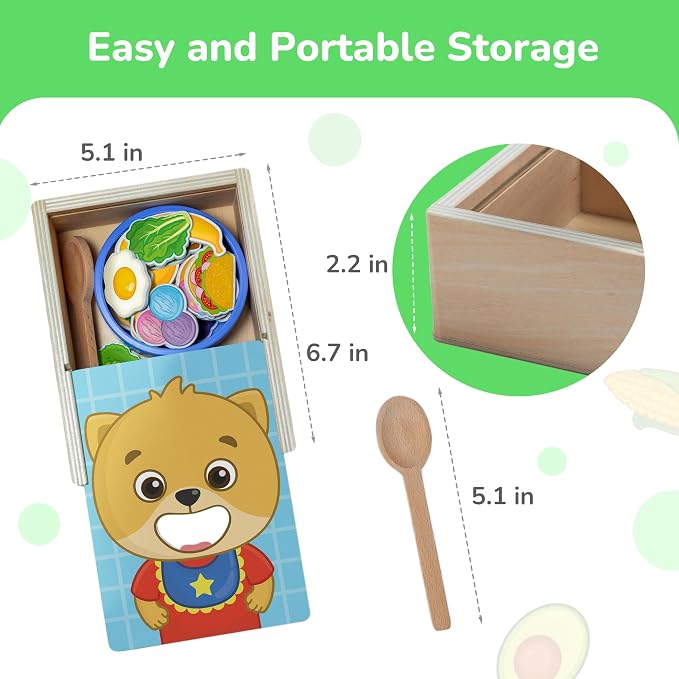 Bimi Boo Wooden Feeding Toy - Montessori Scooping & Fine Motor Toy for Toddlers 1-4 | Speech Therapy & Occupational Therapy Pretend Play Food Set | 27 Foods, Spoon & Bowl