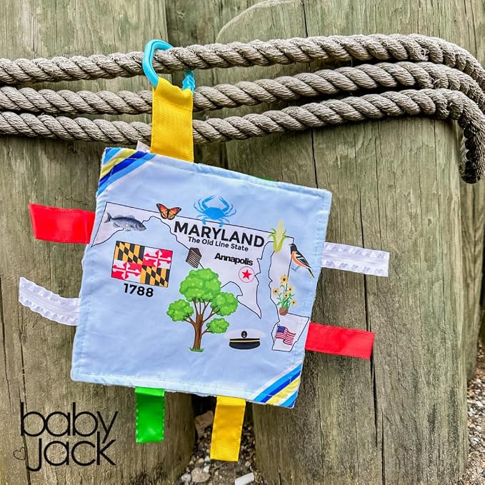 Baby Jack & Co 8x8” Learning Lovey Maryland State Tag Stroller Toy for Babies - Crinkle Toys for Developing Five Senses - Learn About Capitals - Travel with Baby Jack - BPA Free Clip