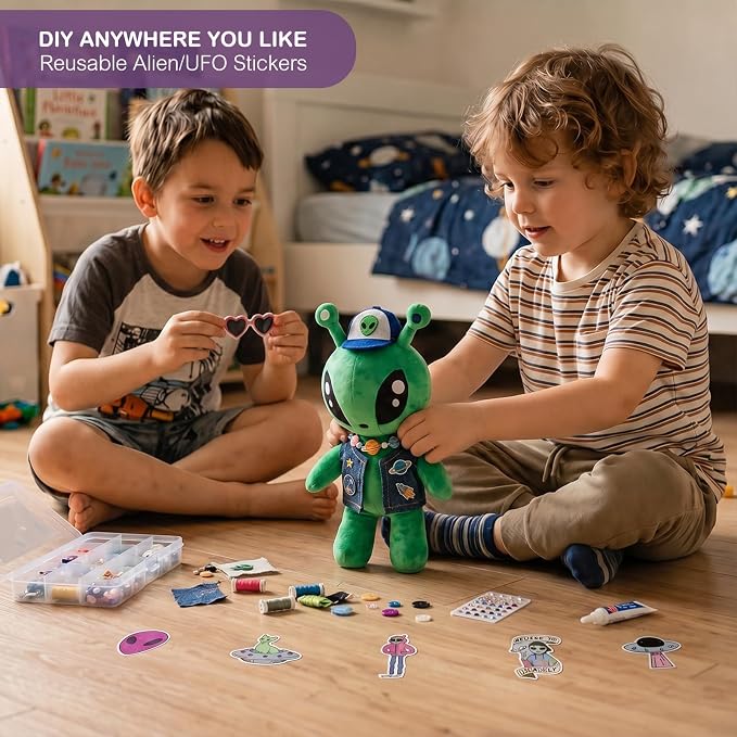 51-PCS Alien Plush Toy Set | 1 Green Alien Plush + 50 Space Themed Stickers | DIY Cosplay Ultra Soft Stuffed Alien Creature Figure | Cute Stuffed Animal Pillow | Ideal Gift for Sci-Fi Lovers Decor