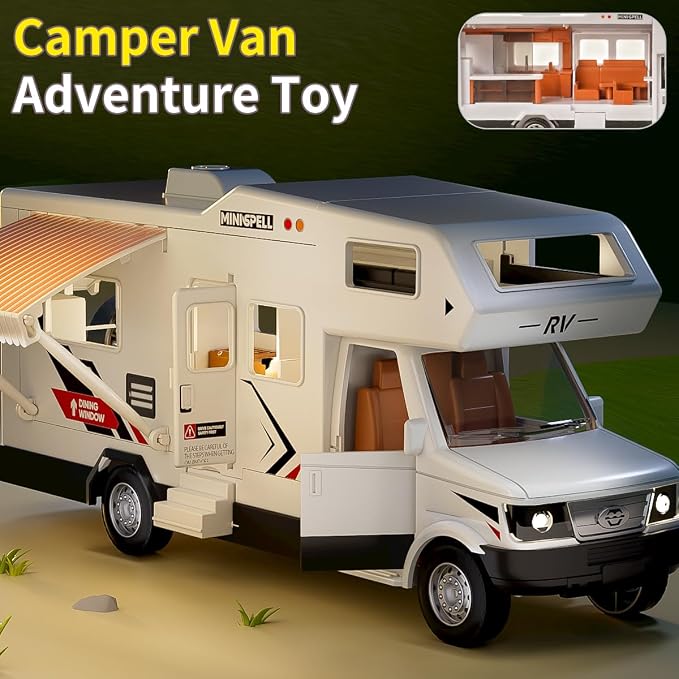 Camper Van Adventure Toy —— Vacation Toy Push and Go RV Toy with Light and Sound, Camper Van Gifts for Kids, Boys and Girls Age 3+